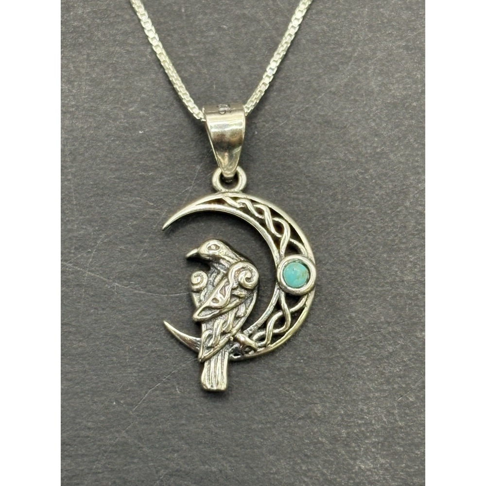 NewCondition 18" Sterling Silver Turquoise Celtic Bird Moon Pendant Necklace J18